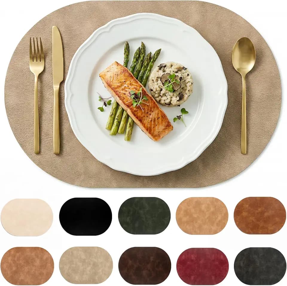 Oval Placemats Set of 6, Wipeable Faux Leather, Apricot