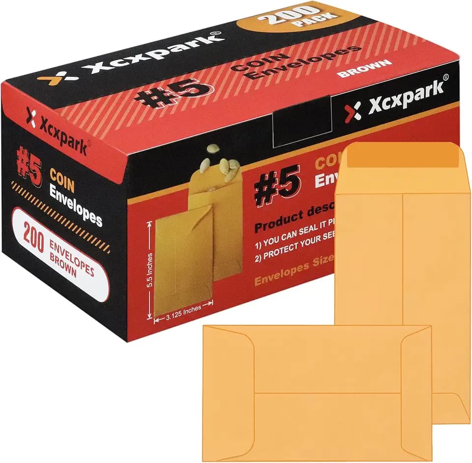 Xxcxpark 200PCS #5 Coin Envelopes 3.125x5.5 inches Brown Kraft Envelopes Classic Small Parts Gummed Flap for Coins, Cash, Credit Cards, Seeds