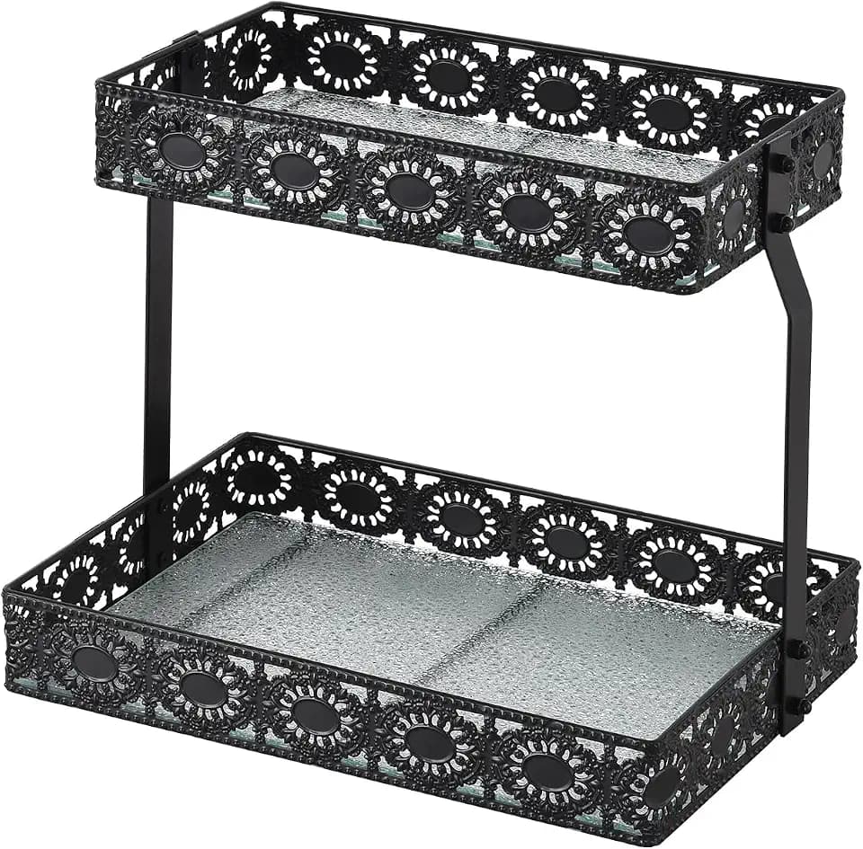 Two Layer Glass Storage Tray with Portable Dressing Table Skin Care Product Organization Rack Corner Storage Rack for Bathroom Counter High-end Light - (Black)