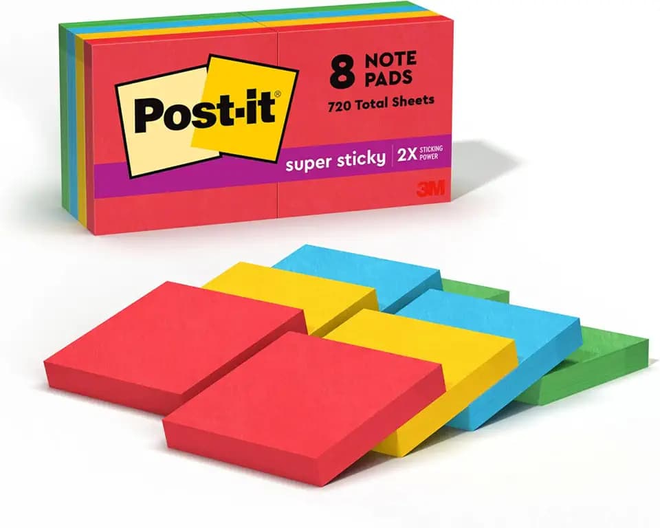 Post-it Super Sticky Notes, 1.88 x 1.88 in, Playful Primaries, 8 Pads