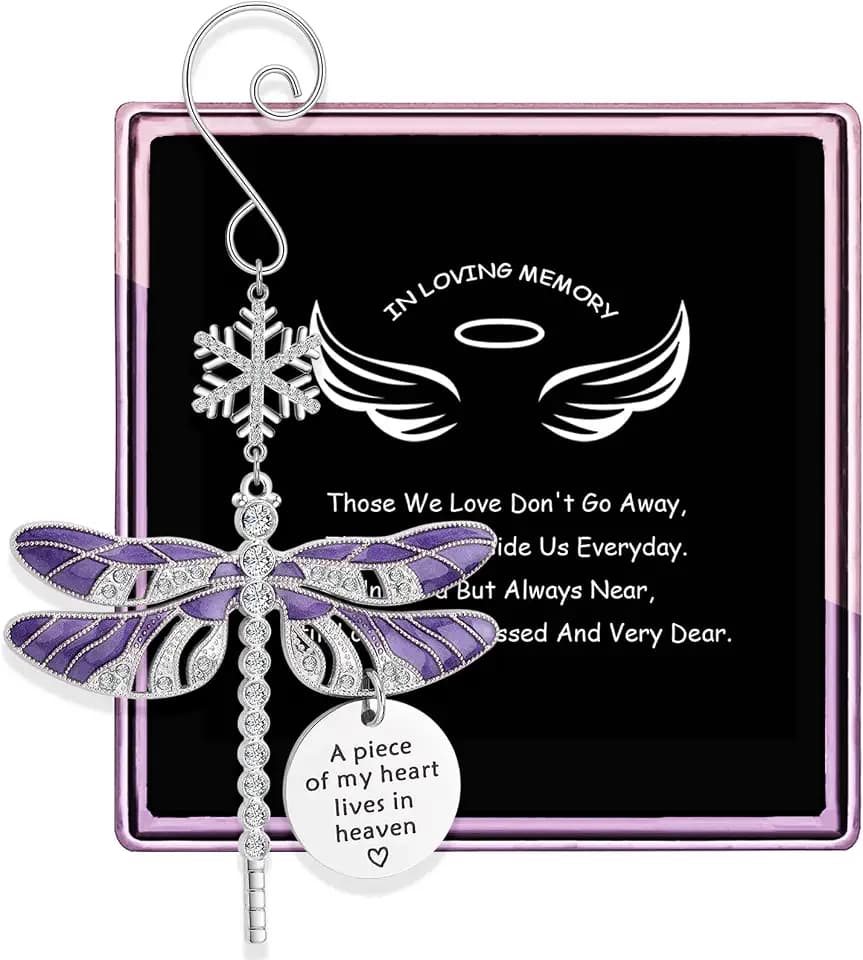 Lost Loved One Christmas Ornament,in Memory of Loved One Gifts Dragonfly Symthy Ornament,A Piece of My Heart Lives in Heaven Dragonfly Memorial Gift (Purple Memorial)