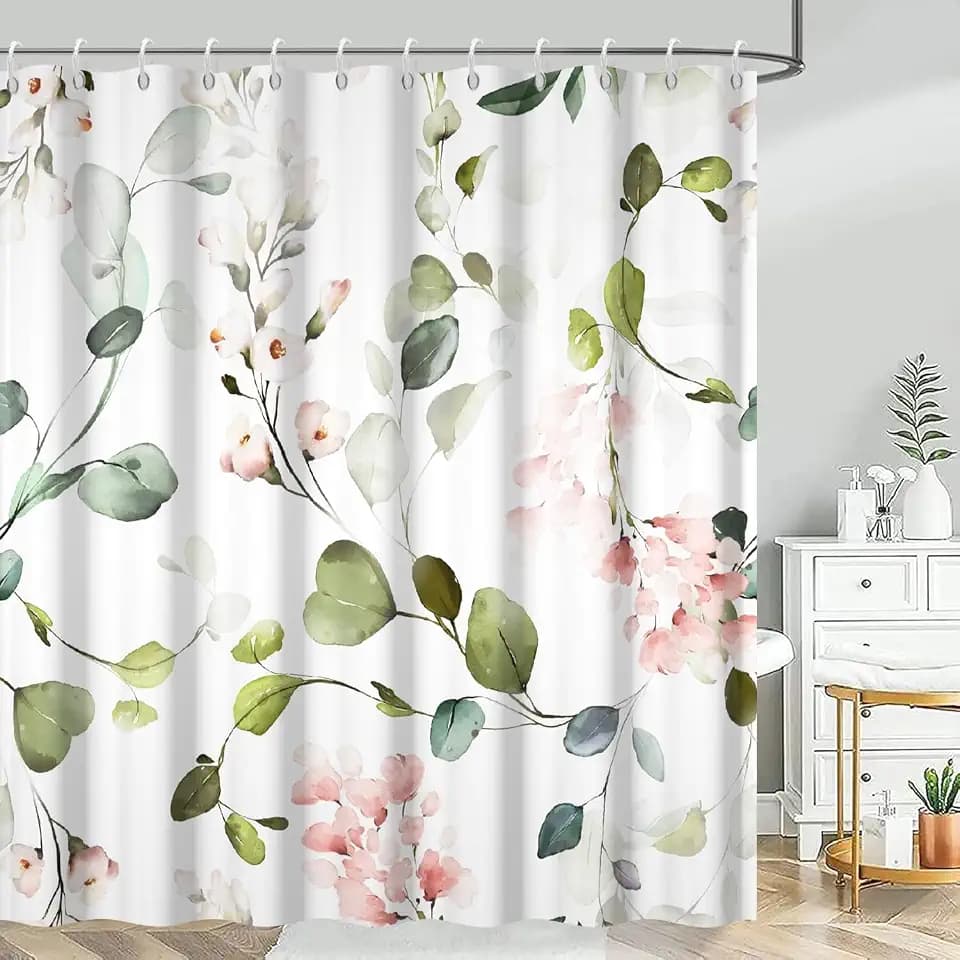 Sage Green Eucalyptus Shower Curtain, Green and Pink Floral 72x72