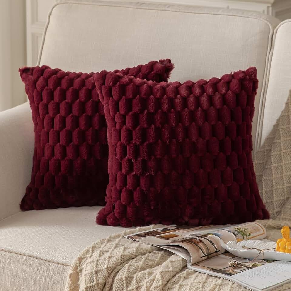 MANDIOO Pack of 2 Burgundy Super Soft Plush Fluffy Decorative Throw Pillow Covers 26x26 inch Faux Fur Wool Velvet Cushion Covers Pillow Cases Couch Sofa Bed Living Room