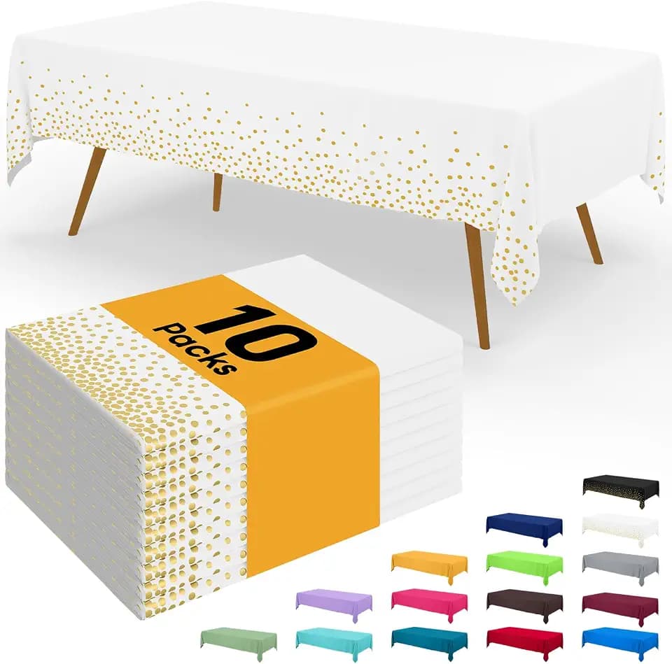 Smiry Disposable Table Cloth - 10 Pack, 54 x 108 Inch Waterproof Rectangle Tablecloths for New Years, Decorative Plastic Table Cover, Leakproof & Sturdy, White & Gold