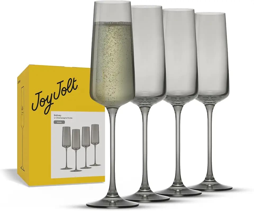 JoyJolt Sidney Stemmed Champagne Flutes Set of 4 | 7 oz Modern Champagne Glasses for Prosecco, Rose, Sparkling Wine, Mimosa, Cocktail | Premium Crystal Made in Europe | Smoke (Gray/Grey) Colored
