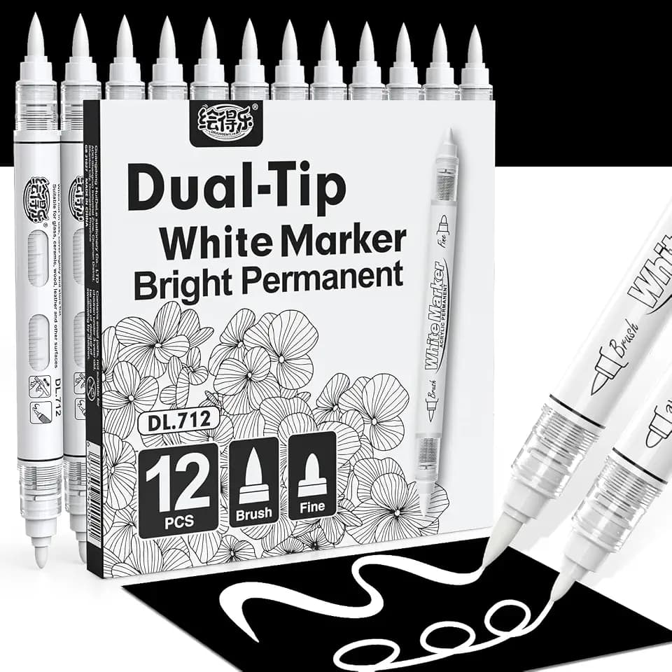 Guangna Dual Tip White Acrylic Paint Markers, Brush & Fine Tip, Direct Liquid Ink System White Permanent Pens for Fabric, Plastic, Rock Painting, Wood, Glass, Ceramic, Canvas, Stone, DIY Crafts