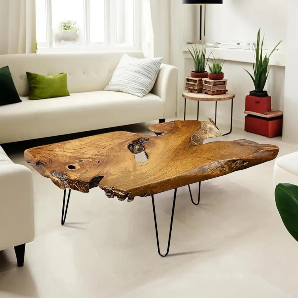 Rustic Coffee Table, Solid Camphor Wood Top, Live Edge, No Two Alike