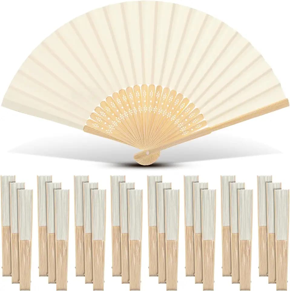 Yinkin 24 Pack Folding Hand Fans Bamboo for Party Favors, Cream
