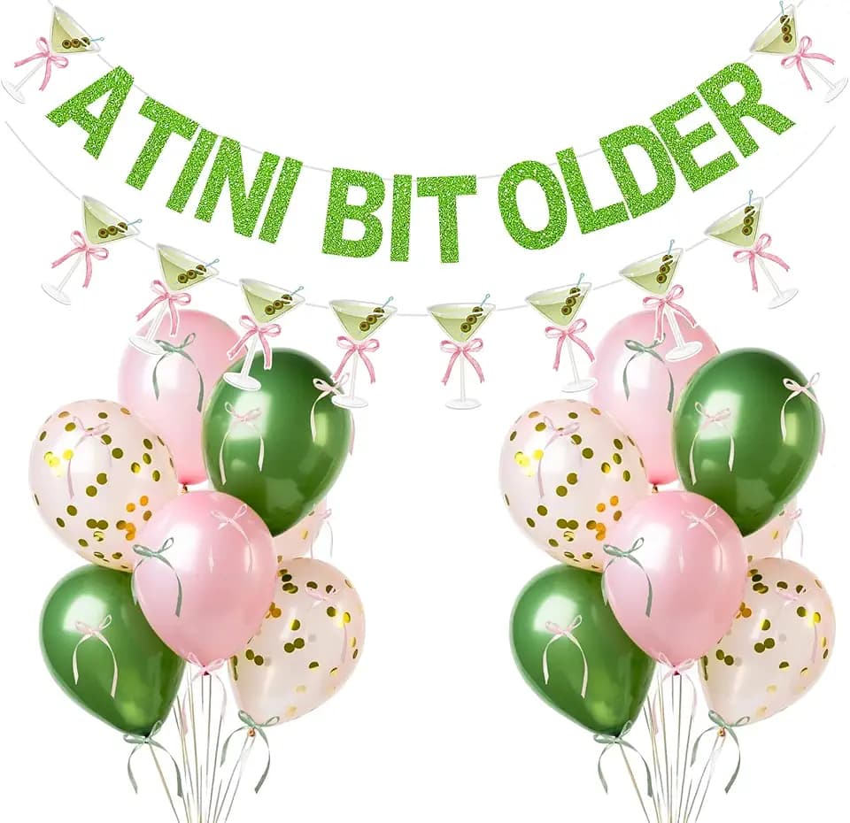 A Tini Bit Older Banner Martini Garland 12in Balloons with DIY bow Ribbon for Martini Themed Birthday Decorations Espresso A Tiny Bit Older Birthday Martinis Party Decor (Green Pink)