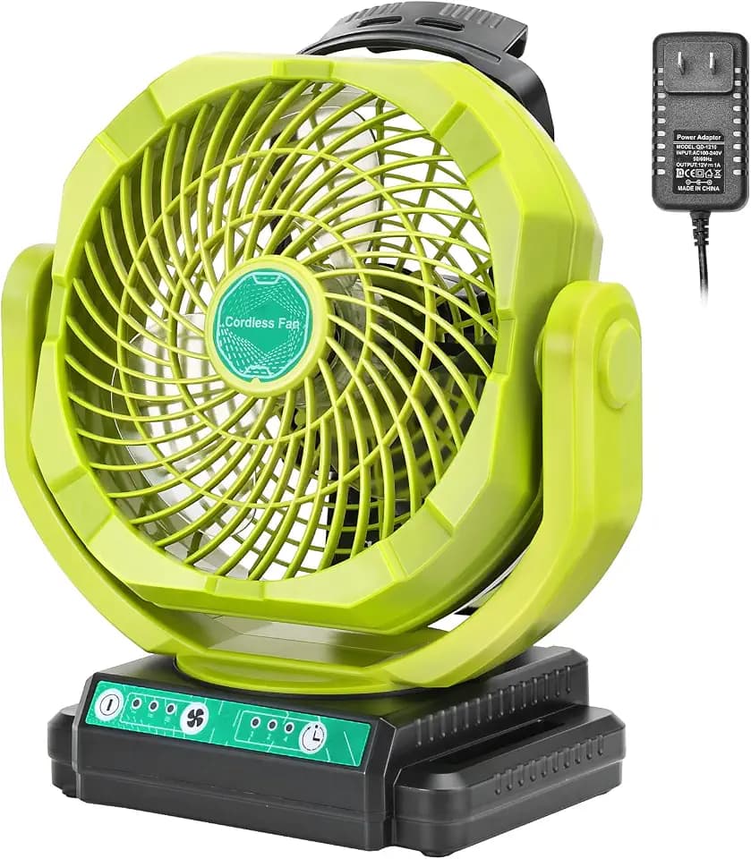 Battery Powered Fan Compatible with Ryobi 18V Battery Portable Cordless Fan with AC Adapter, Variable Speed, Timer Settings, 135 Adjustable Angle for Camping, Jobsite