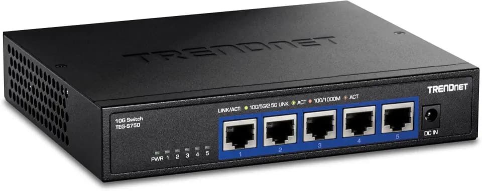 TRENDnet, TEG-S750, 5-Port 10G Switch, 5 x 10G RJ-45 Ports, 100Gbps Schaltkapazität, unterstützt 2,5G und 5G-Base-T Verbindungen, Schwarz