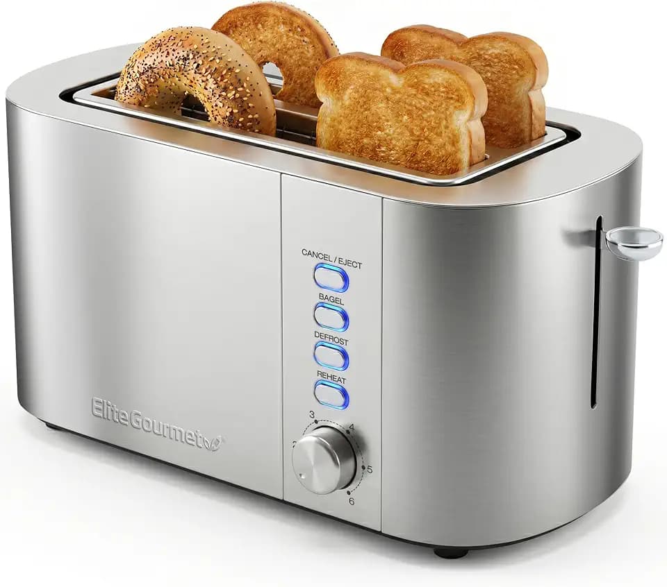 Elite Gourmet 4-Slice Long Slot Toaster, 1.5" Wide & 5.1" Deep Slots