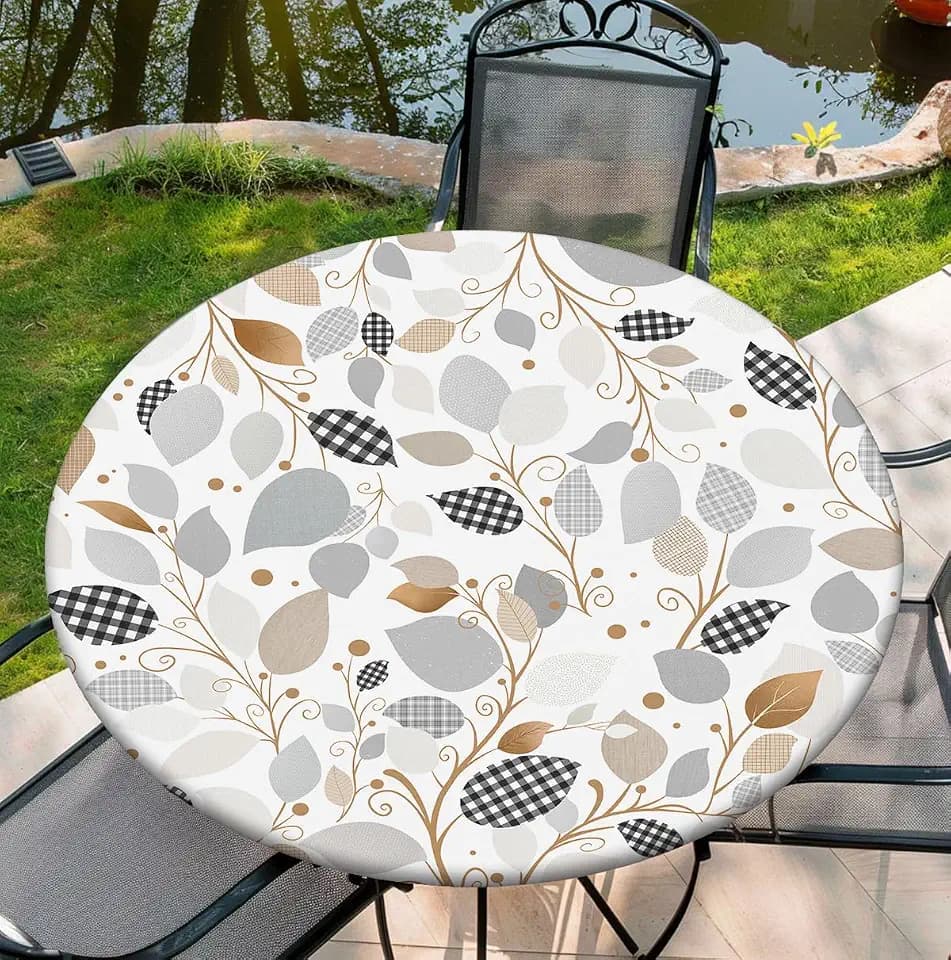 Round Tablecloth with Elastic Edge, 36-60Inch Waterproof Table Cloth for Dinner, Outdoor, Picnic, 52inch, Collage Leaves
