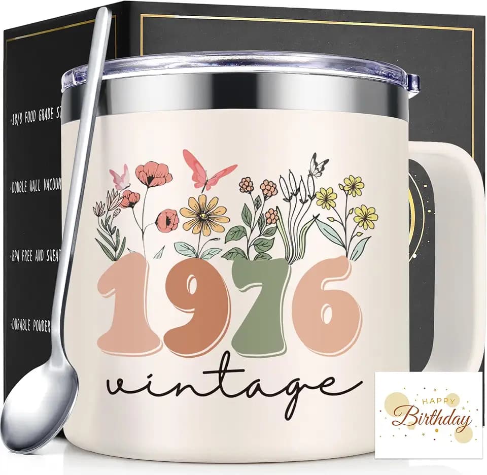 Lifecapido 50th Birthday Gifts for Her, Vintage 1976 14oz Insulated Mug with Birthday Card, Gifts for 50th Birthday Woman, Cool Gifts for 50 Year Old Woman Mom Aunt Friend Wife