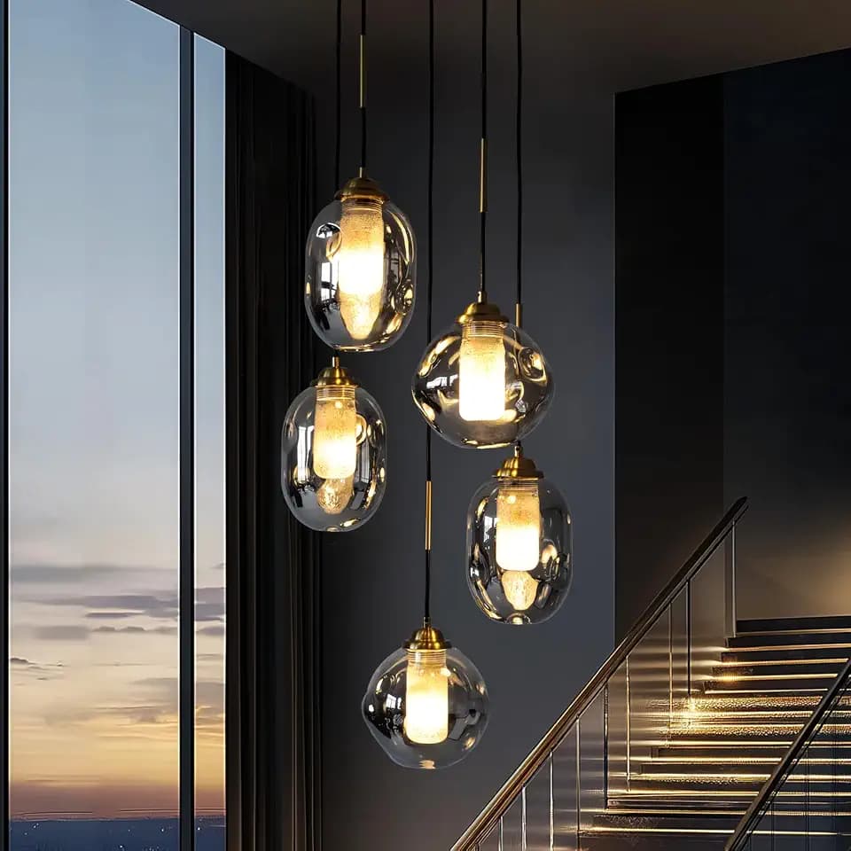 Staircase Modern Glass Globe Pendant Light,5 Light Globe Cluster Chandelier with Frosted Smoke Gray Glass Shades,Black Chandelier High Ceiling Lights Fixtures for Dining Room,Entryway