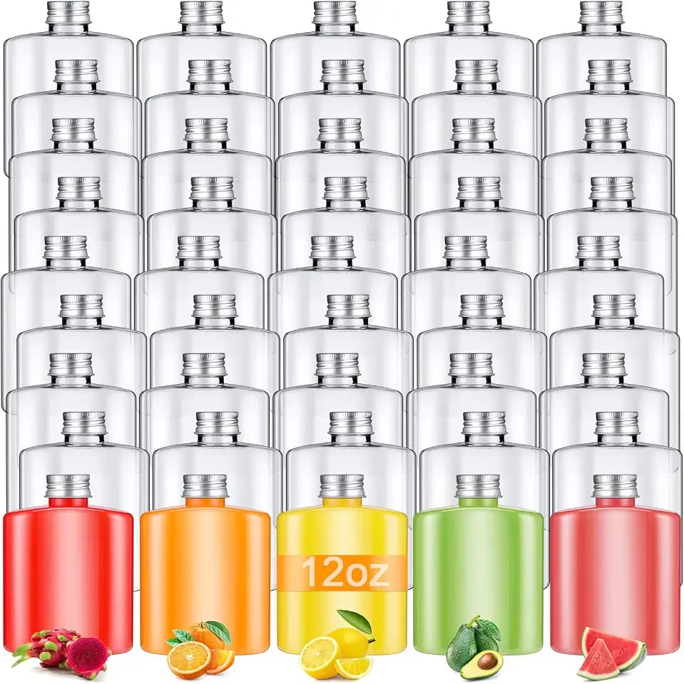 Norme 36 Pcs 12 oz Plastic Bottles Bulk with Caps Small Reusable Disposable Juice Bottles Empty Clear Beverages Drink Containers Water Flask Mini Fridge Containers for Juicing Smoothies Milk