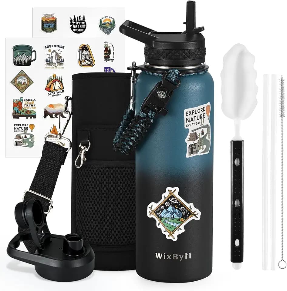 WixByti 40 oz Insulated Water Bottle with Straw, Stainless Steel Water Jug