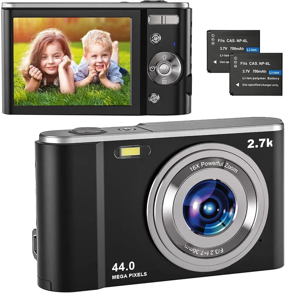 Digitalkamera 2.7K UHD, Vlogging Fotokamera 44MP für Streaming-Video Aufnehmen, Kompaktkamera mit 2.8'' IPS 16X Digital Zoom und 2 Batterien, Fotoapparat Digitalkamera für Kinder/Jugendliche/Anfänger