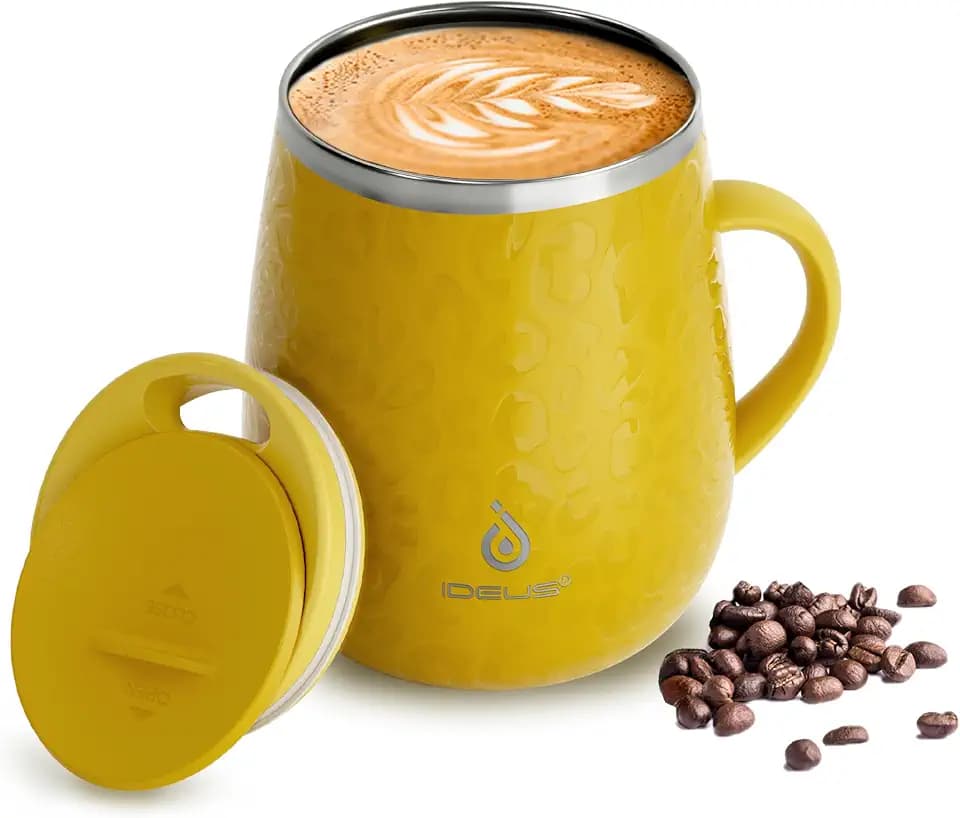 Ideus 16 oz Insulated Coffee Mug with Lid and Handle (Leopard Yellow)