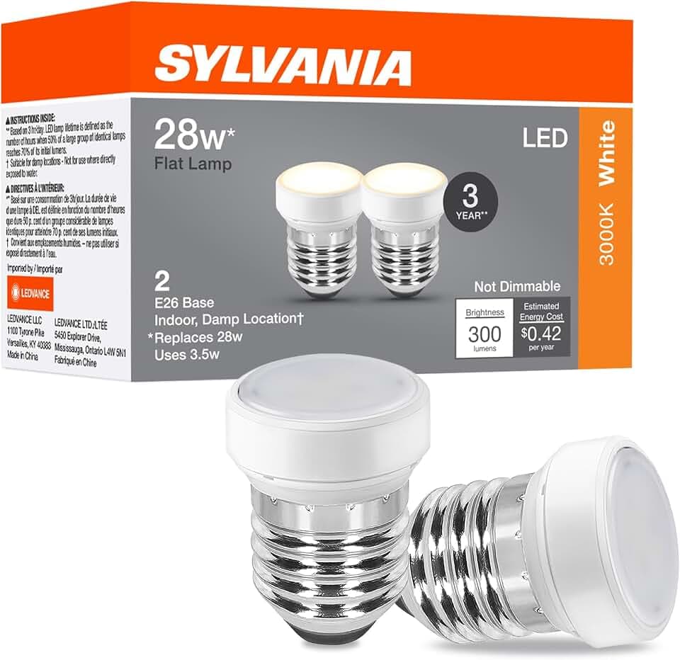 Sylvania Flat LED Light Bulb, 3.5W, E26 Medium Base, 300 Lumens, 3000K, Warm White, for Lamp Shades, Sylvania Lamps Shades, White - 2 Pack (42694)