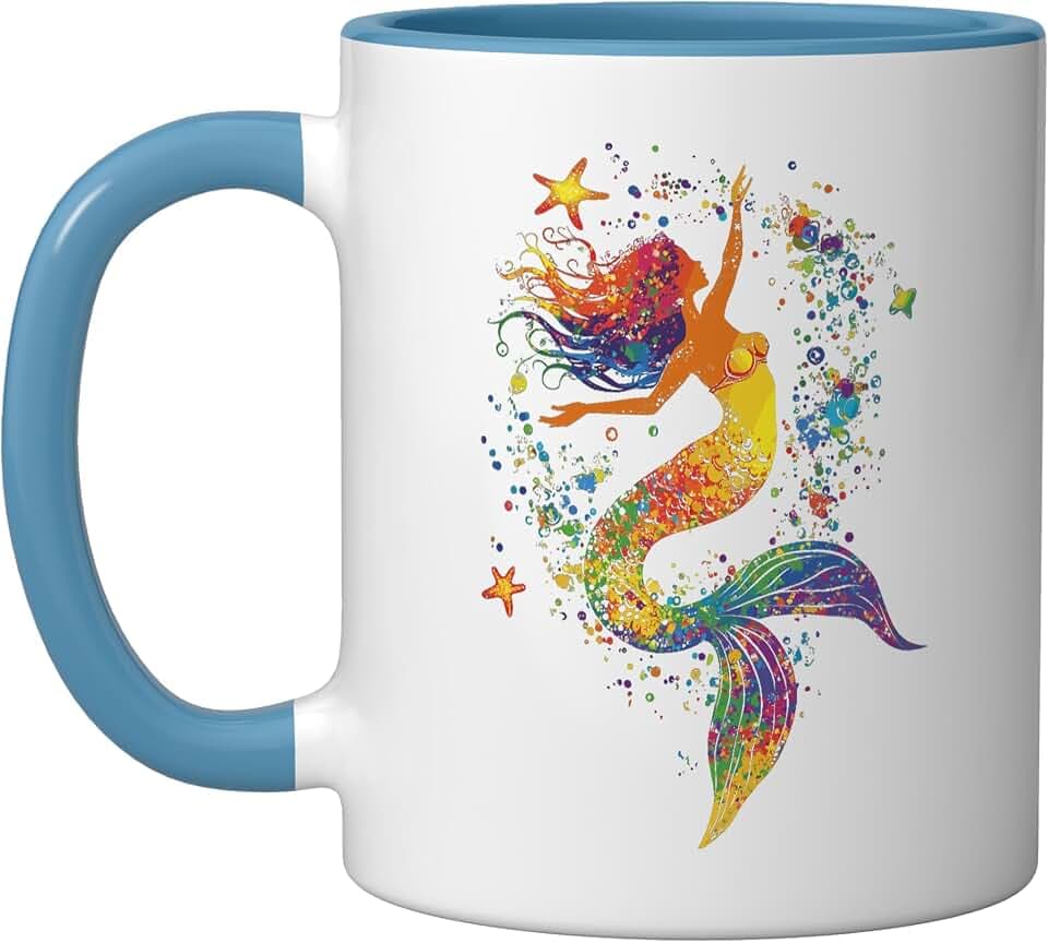Colorful Mermaid with Starfish Ceramic Mug, Blue/White, 11oz