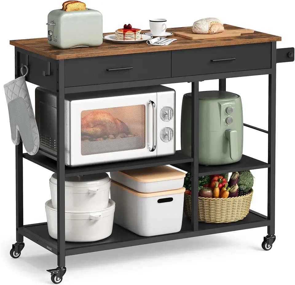 VASAGLE Kitchen Island Cart with Storage, 2 Drawers, Towel Rack