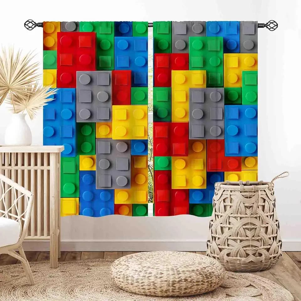 Building Blocks Blackout Curtains, Kids Boys Abstract Colorful Geometric Brick Constructor Curtains Bedroom Playroom Living Room Abstract Window Treatments Drapery 2 Panel, 42"x45" Inch