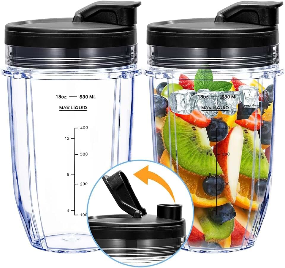 Replacement 18oz Blender Cup with Sip & Seal Lid For Nutri Ninja BL450 BL456 BL480 BL482 BL640 BL642 BL682 BN751 BN801 Foodi SS101 SS151 SS351 SS401 SS400 Ninja Blender Auto IQ Blade, 2-Pack