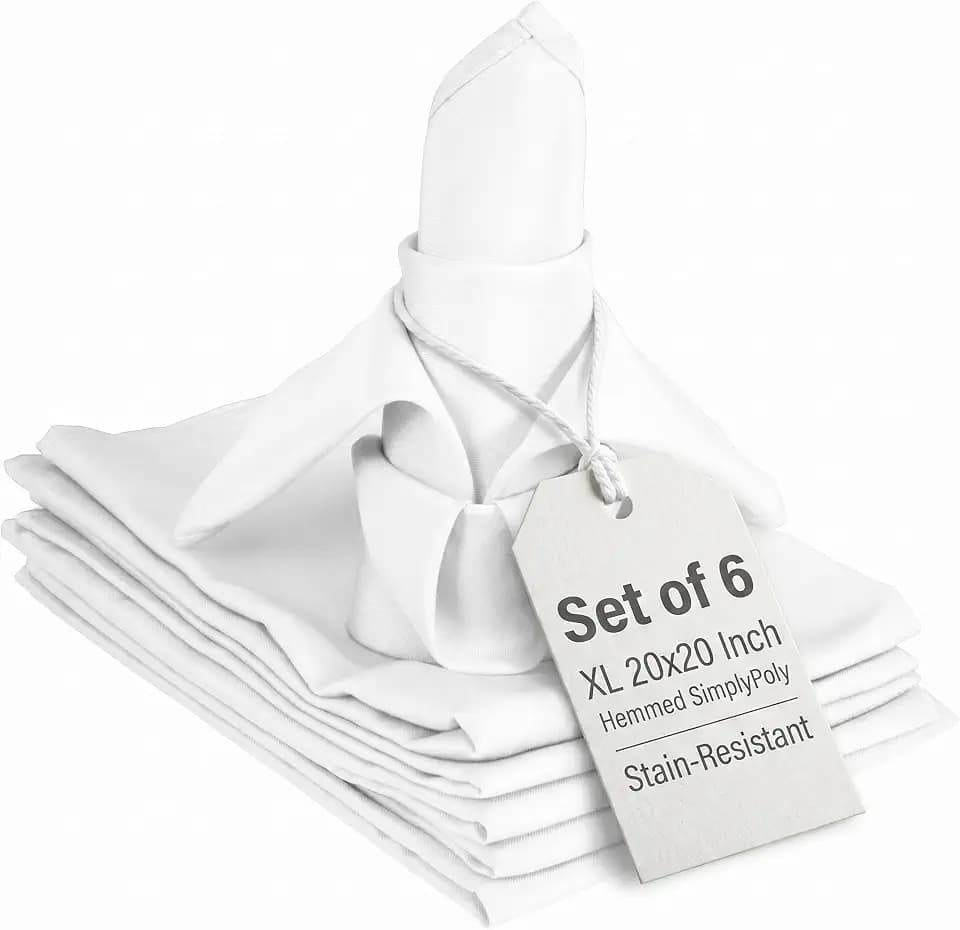 TableLinensforLess White Cloth Napkins Set of 6, 20x20 XL Hemmed SimplyPoly Polyester, Washable Reusable Dinner Table Napkins for Parties and Bridal Showers