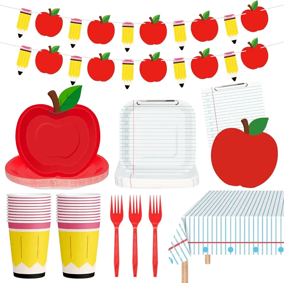 122 Pcs Back to School Decorations Set, Includes Apple Paper Plates Napkins, Notebook Dessert Plates Tablecloth, Cups, Banner and Forks for All Grades First Day of School Decor Party Supples, Serve 24