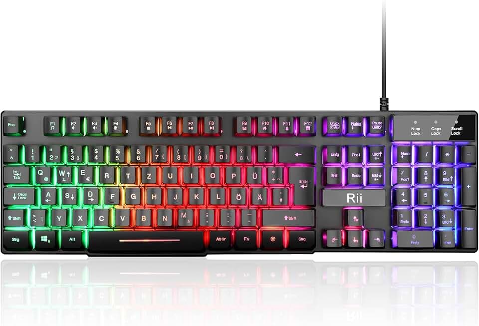 Rii Gaming Tastatur PC, RGB Tastatur kabelgebunden, Regenbogen Beleuchtete Tastatur LED, Gaming Keyboard ideal für Gamer|Büro(Deutsches Layout)