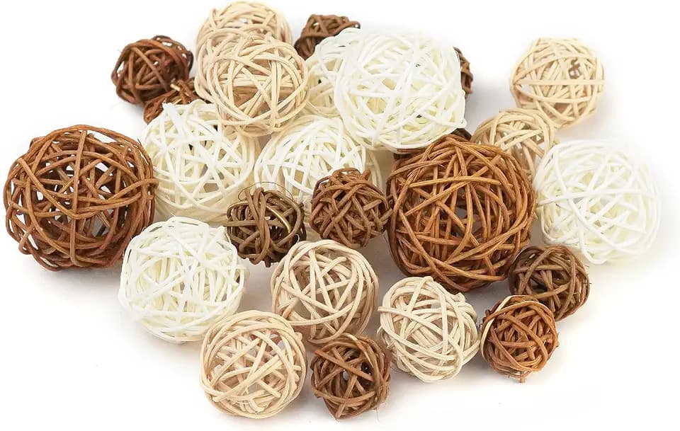 27PCS Woven Rattan Decorative Balls, 2.4" Wicker Orbs for Bowl Centerpieces & Vase Fillers, Neutral Brown & White Decorative Spheres for Coffee Table Tray, Home Wedding Decoration