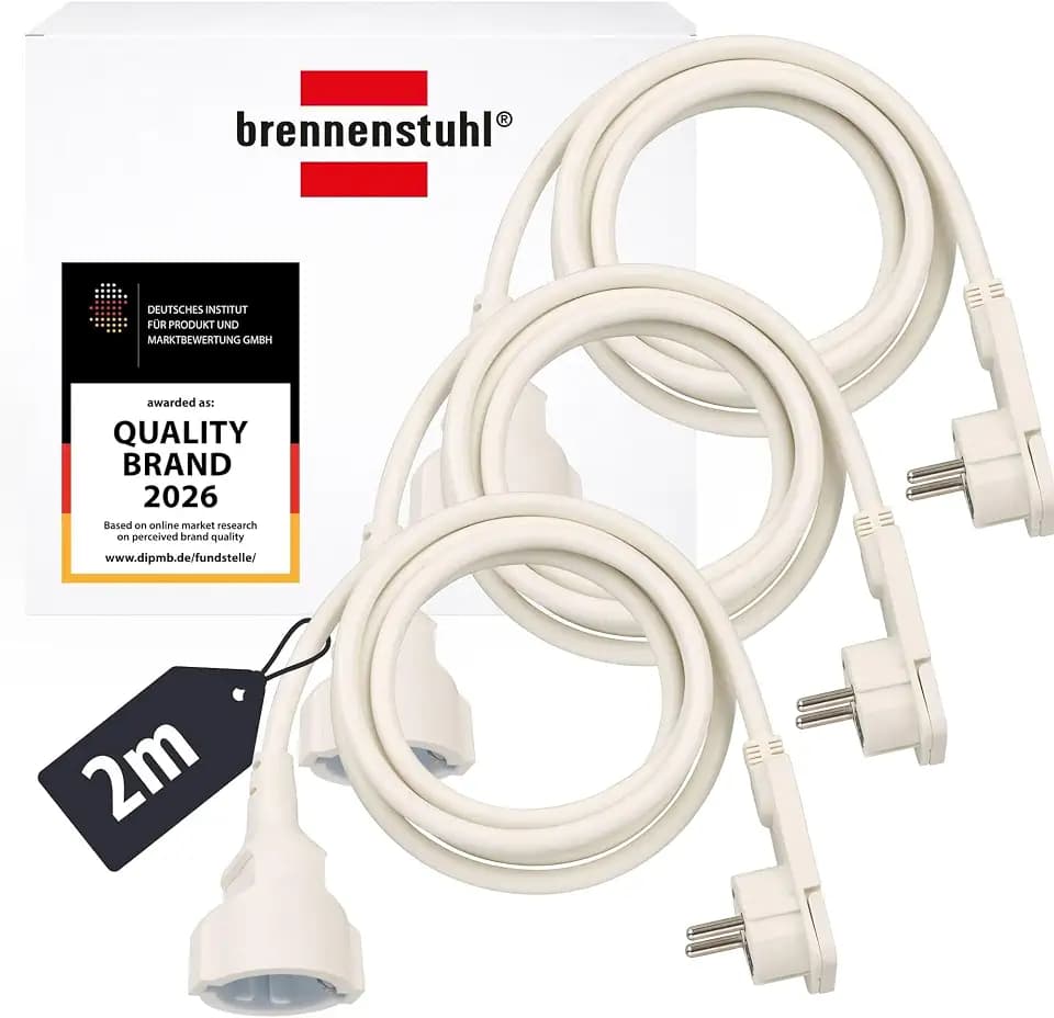Brennenstuhl 3er Set Qualitäts-Kunststoff-Verlängerungskabel mit Flachstecker, kompatibel mit Haushaltsgeräten (Verlängerungskabel flach für innen mit 2m Kabel) weiß