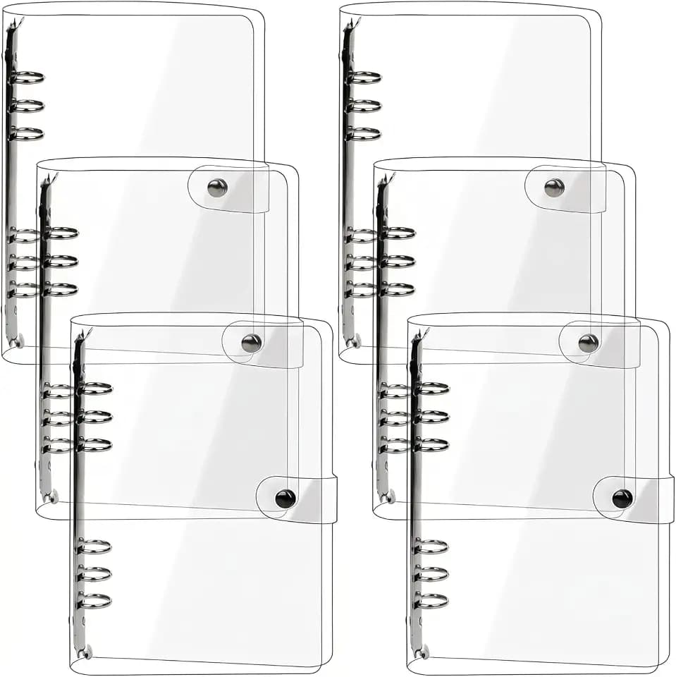 Elsjoy 6 Pack A5 Clear PVC Binder, 6-Ring Soft Notebook Binder Transparent Loose Leaf Binding Covers, Refillable Notebook Round Ring Binder with Snap Button Closure, 9.3" x 7"