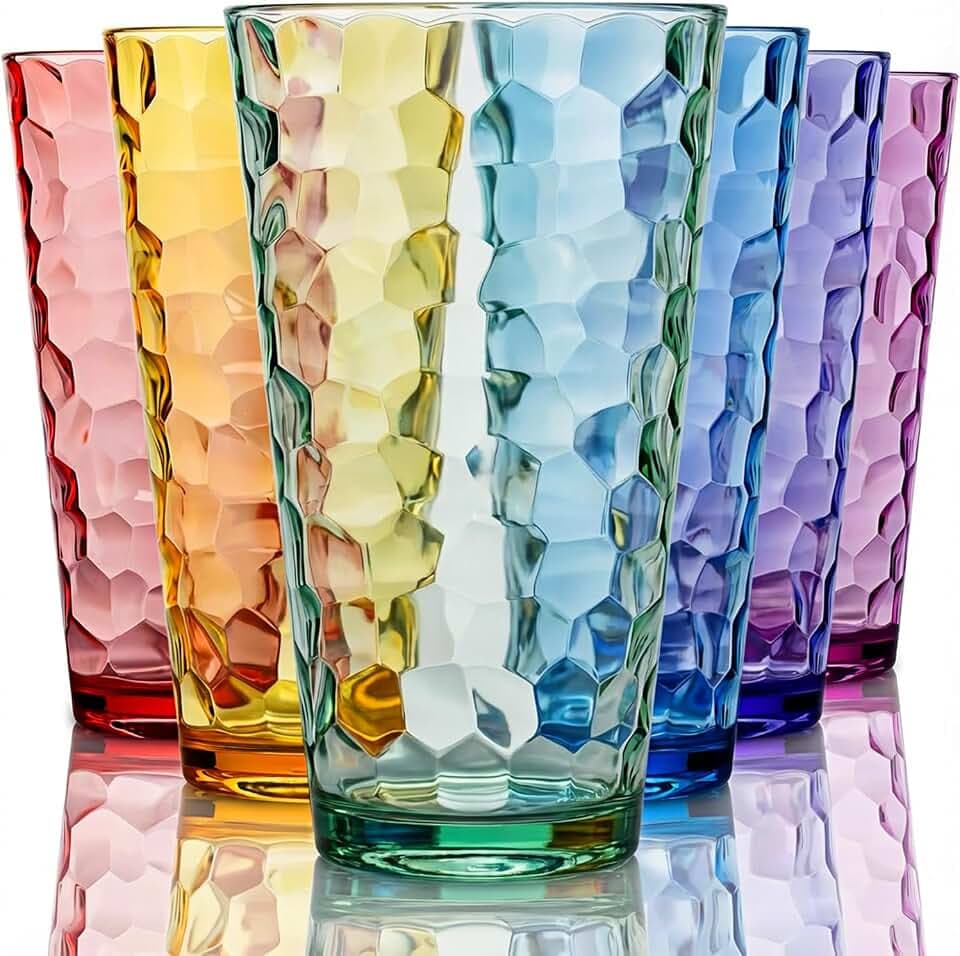 Bravario Hammered Colorful Plastic Tumblers Set of 6, 22 oz Translucent Plastic Drinking Glasses, Stackable Dishwasher Safe Tumblers