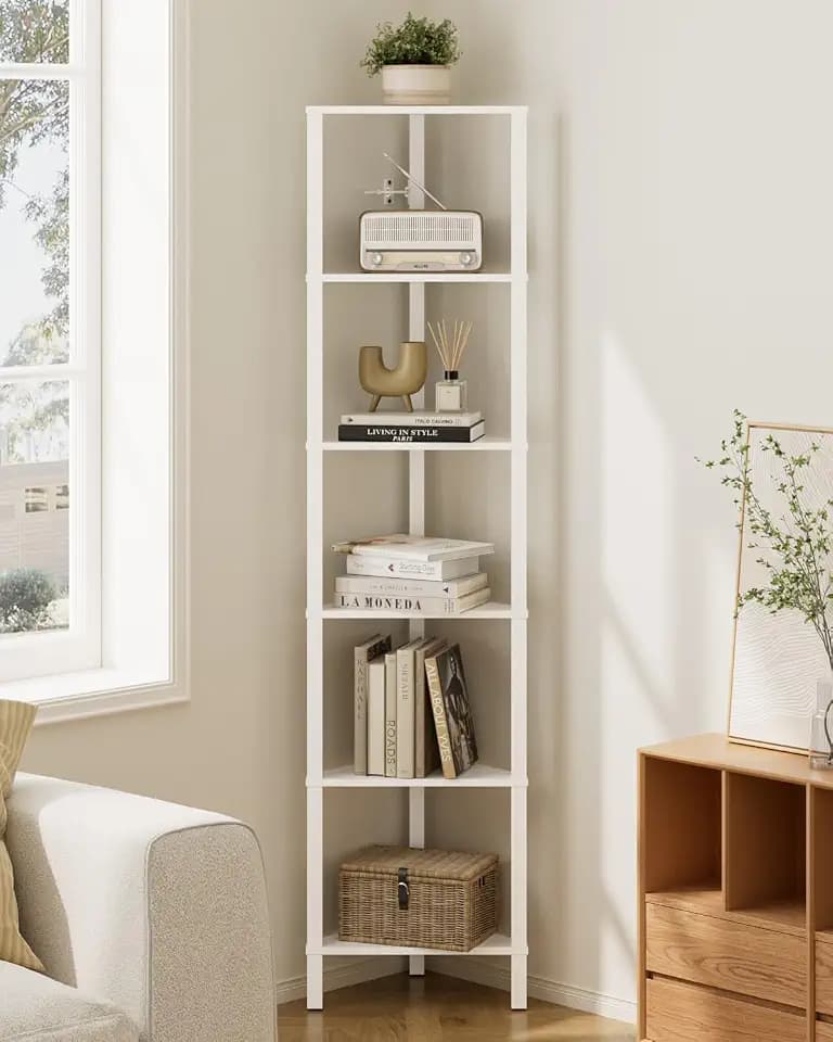 Corner Shelf, 6-Tier Corner Bookshelf, Narrow Display Shelf with Storage Rack,Wood Corner Book Shelf for Living Room, Bedroom, Office, White