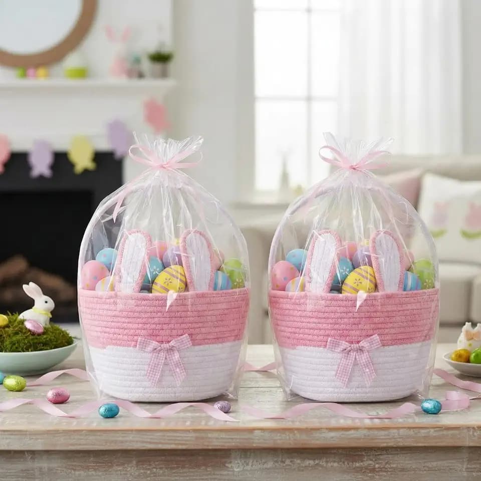 2 Set Easter Basket for Kids with Gift Bags and Ribbons Woven Bunny Egg Hunting Treasure Gift Basket with Handle and Rabbit Ears Empty Bucket Egg Hunts Party Decoration 9.1 x 7.1 x 7.1 (Pink)