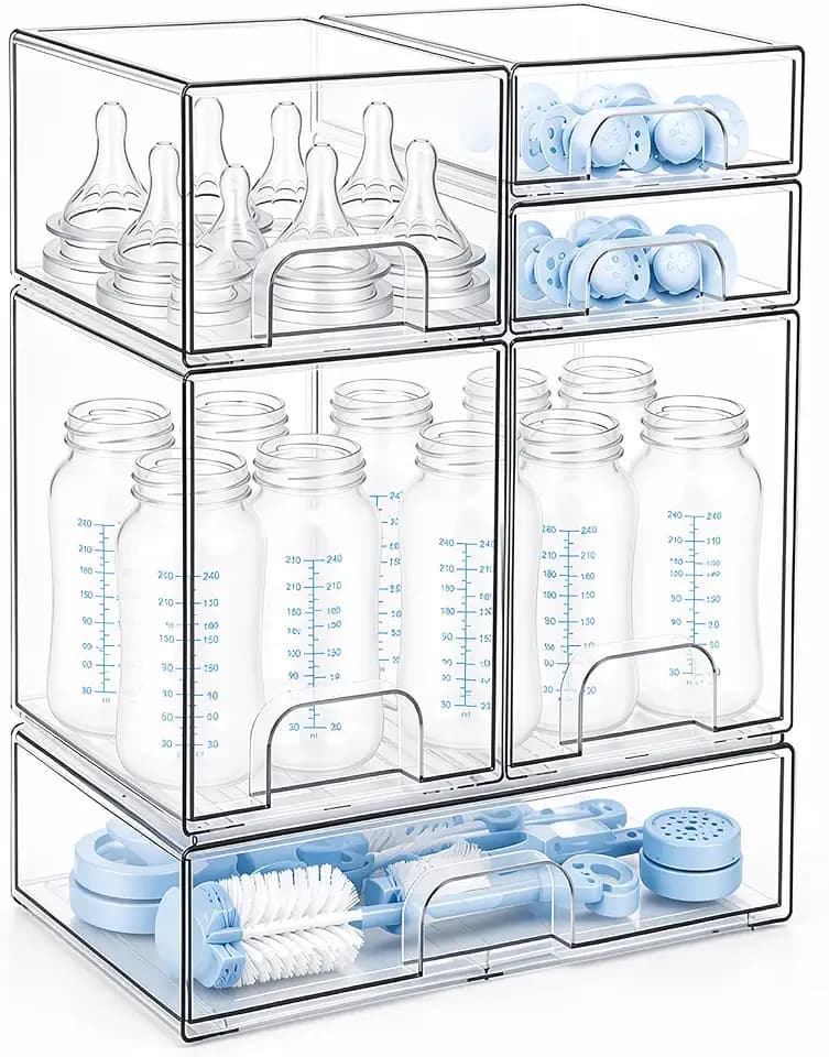 Clear Baby Bottle Organizer, 6-Piece Modular Stackable Acrylic Bins Set