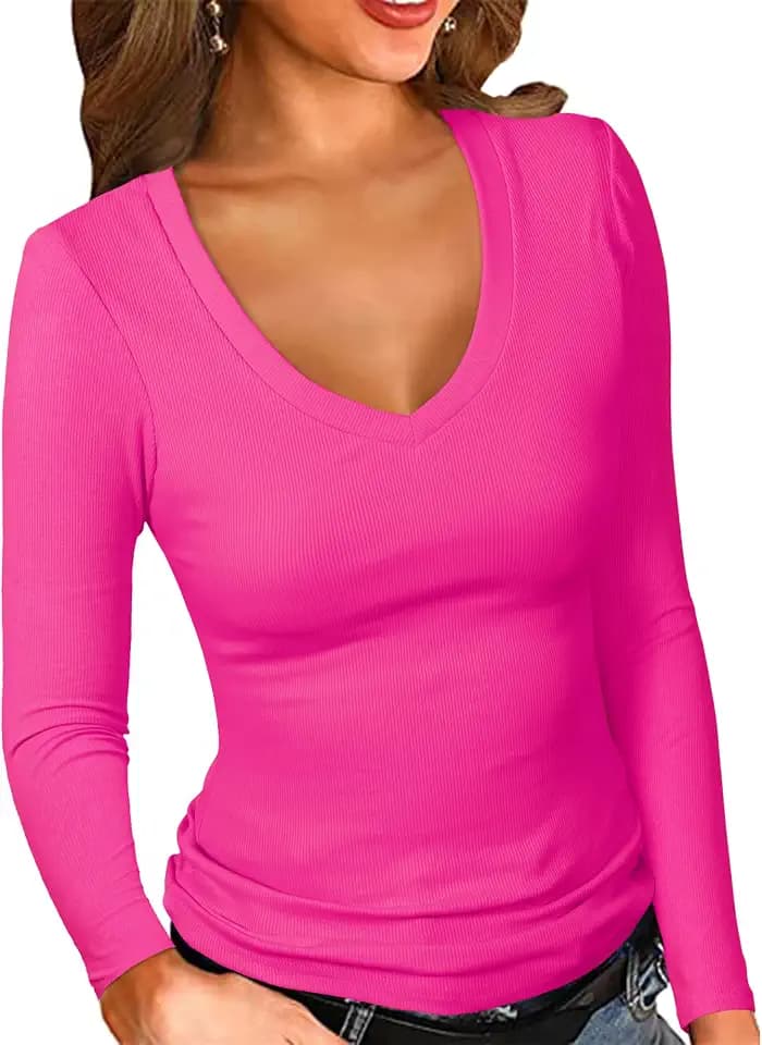 PALINDA Women's Ribbed V Neck Slim Fitted T Shirts Basic Solid Long Sleeve Layering Tee Tops