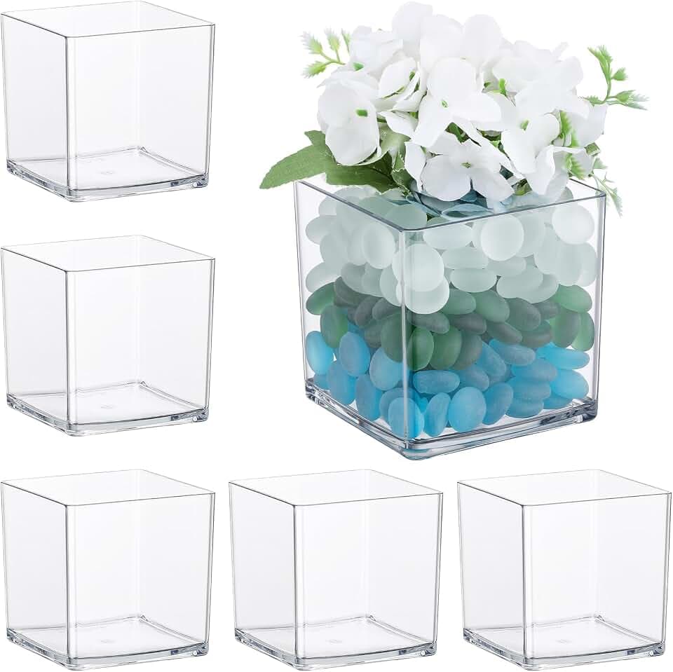 Suream 4"x4"x4" Square Flower Vase, 6 Packs Clear Plastic Vase Cube Flower Vase Bulk for Centerpieces, Acrylic Cube for Plant Candle Wedding Home Office Floral Decor