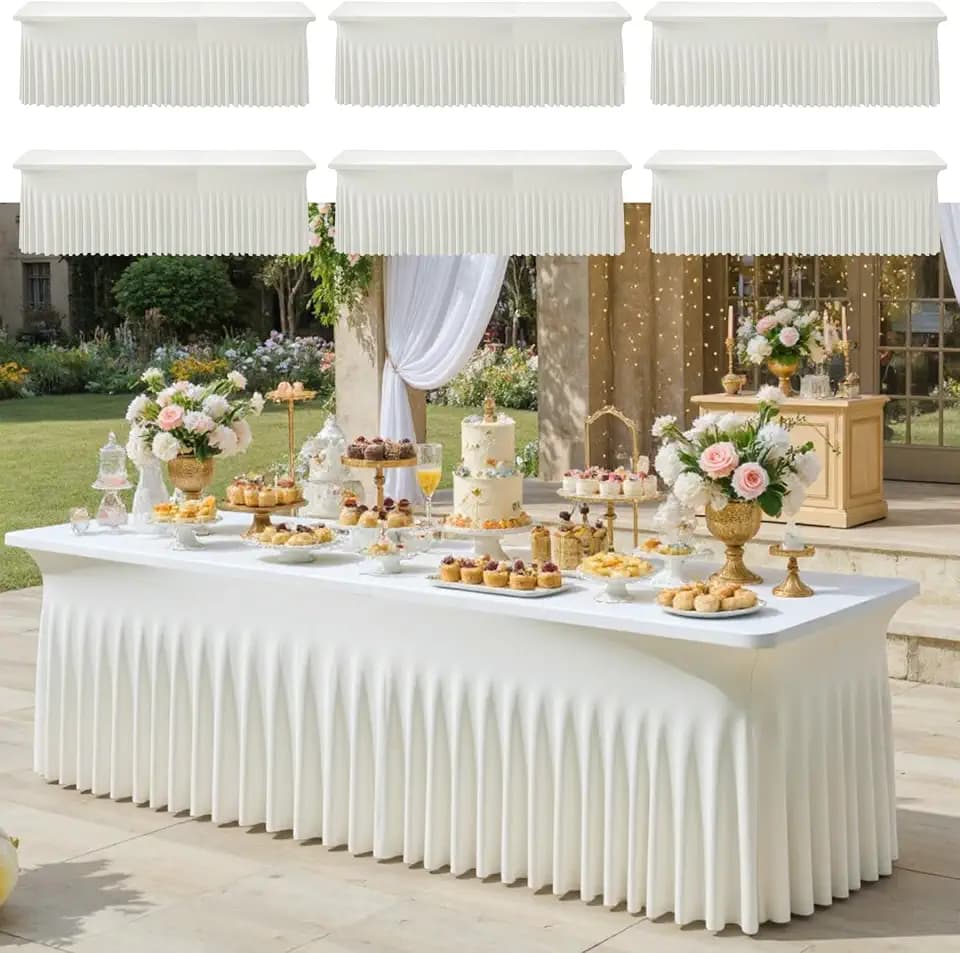 CO-AVE 6pack Ivory Spandex Tablecloths 8ft for Rectangle Tables, Wrinkle Free Classy Table Skirt Stretchy 8 Foot Fitted Table Cloths Covers for Weddings Birthday Party Events Banquette Baby Shower
