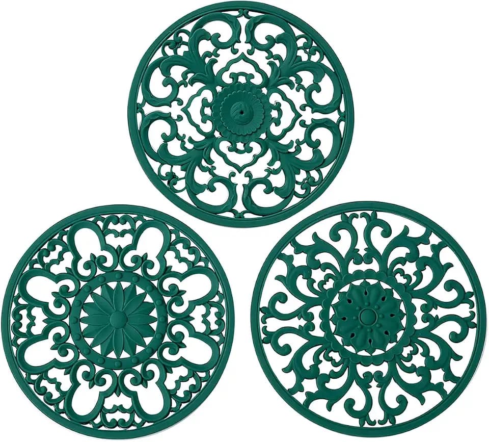 Extra Thick Silicone Trivet Mat for Hot Dishes, Hot Pots and Pans, Pot Holder, Hot Pad to Protect Your Table and Countertop, Kitchen Decor and Accessories,Malachite Green,Set of 3