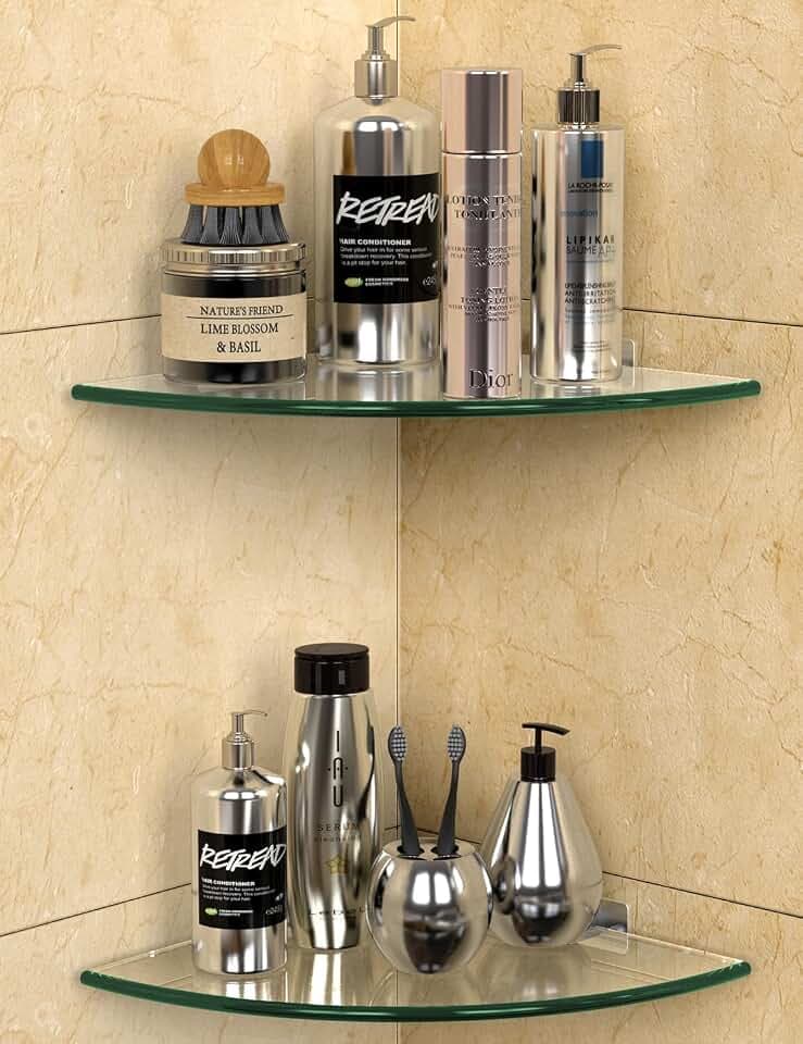 Bakzon Glass Corner Shower Shelf 2 Pack, 9.5" Tempered Glass Shower Caddy, No-Drill Adhesive or Screw Mount, 22 LB Heavy Duty Bathroom Organizer with Rustproof Aluminum Brackets, Renter Friendly