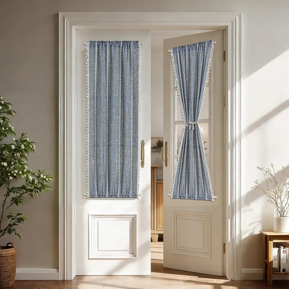Sutuo Home French Boho Door Curtains for Glass & Sidelights Doorway, Light Filtering Bohemian Country Tassels Vintage Chic Privacy Retro Drapes for Front Door, Rod Pocket 1 Panel 50" W x 72" L, Blue