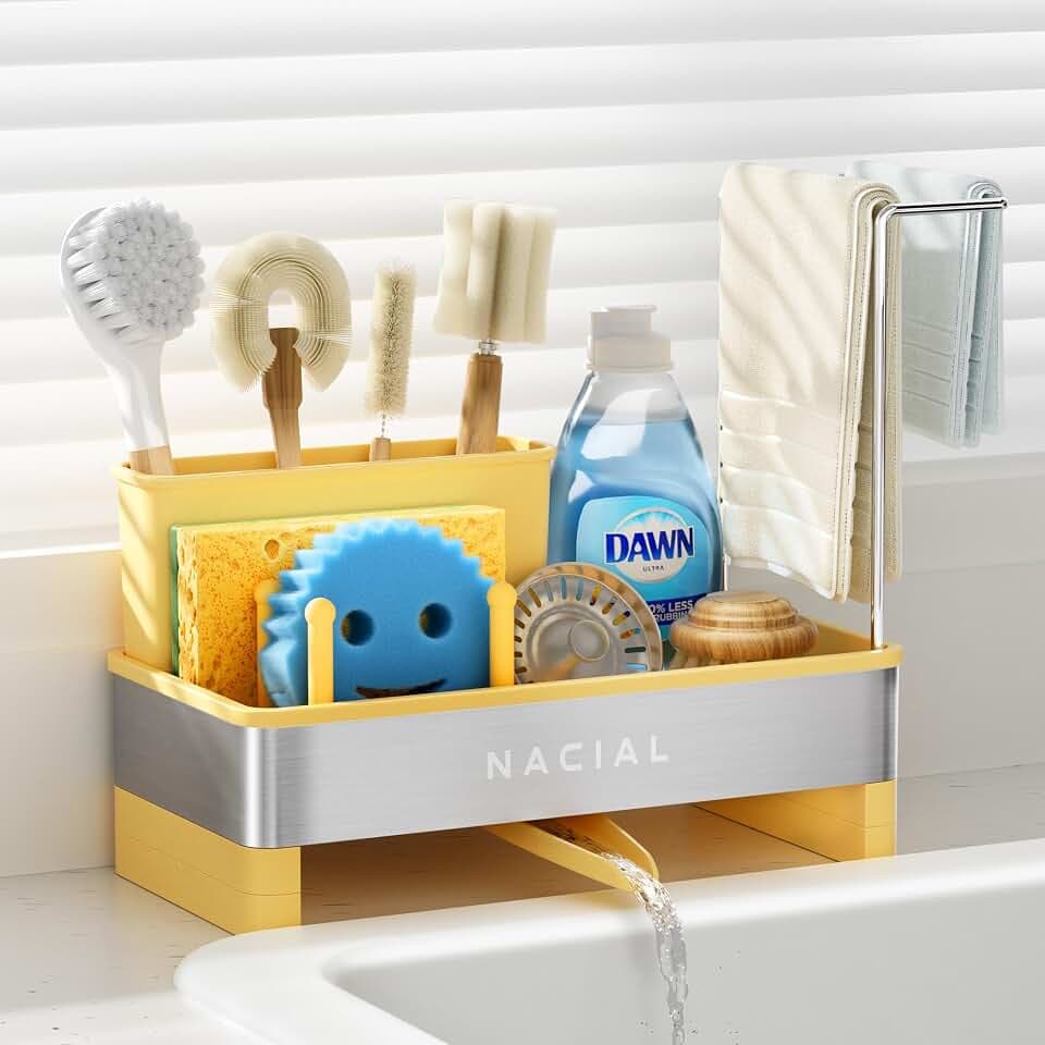 Nacial Kitchen Sink Organizer, Sink Caddy with Sponge & Tall Brush Holder