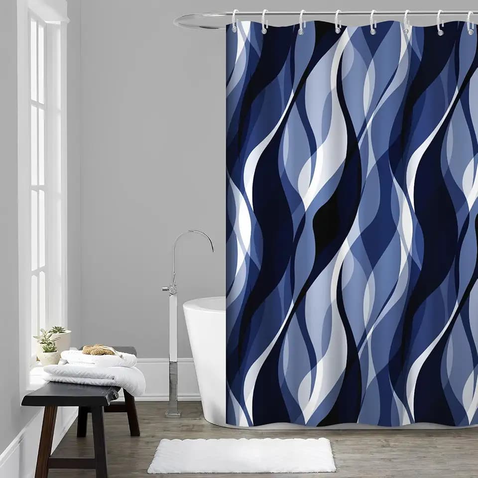 Navy Blue Shower Curtain, Black Blue Striped Bathroom Decor 54x72