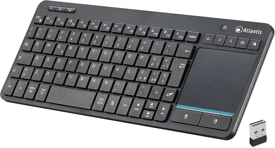 Atlantis Mini Tastatur mit integriertem TouchPad Multitouch - Wireless RF + Bluetooth, QWERTY, Multimedia-Funktionstasten für PC/Notebook/Smart TV/Smartphone/Tablet/iOS/Android - Schwarz