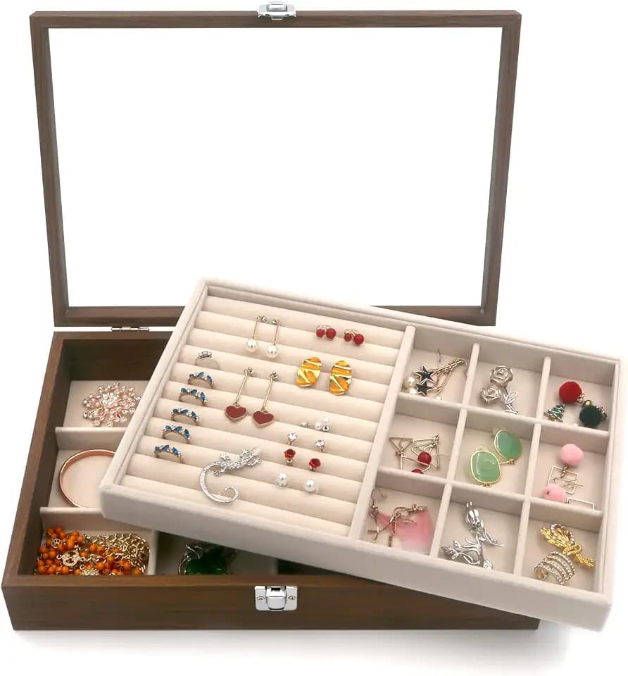 Wood Grain Jewelry Box,Jewelry Display Case, Jewelry Organizer, Jewelry Display Lockable Case with Two Layers(KC-J6001)