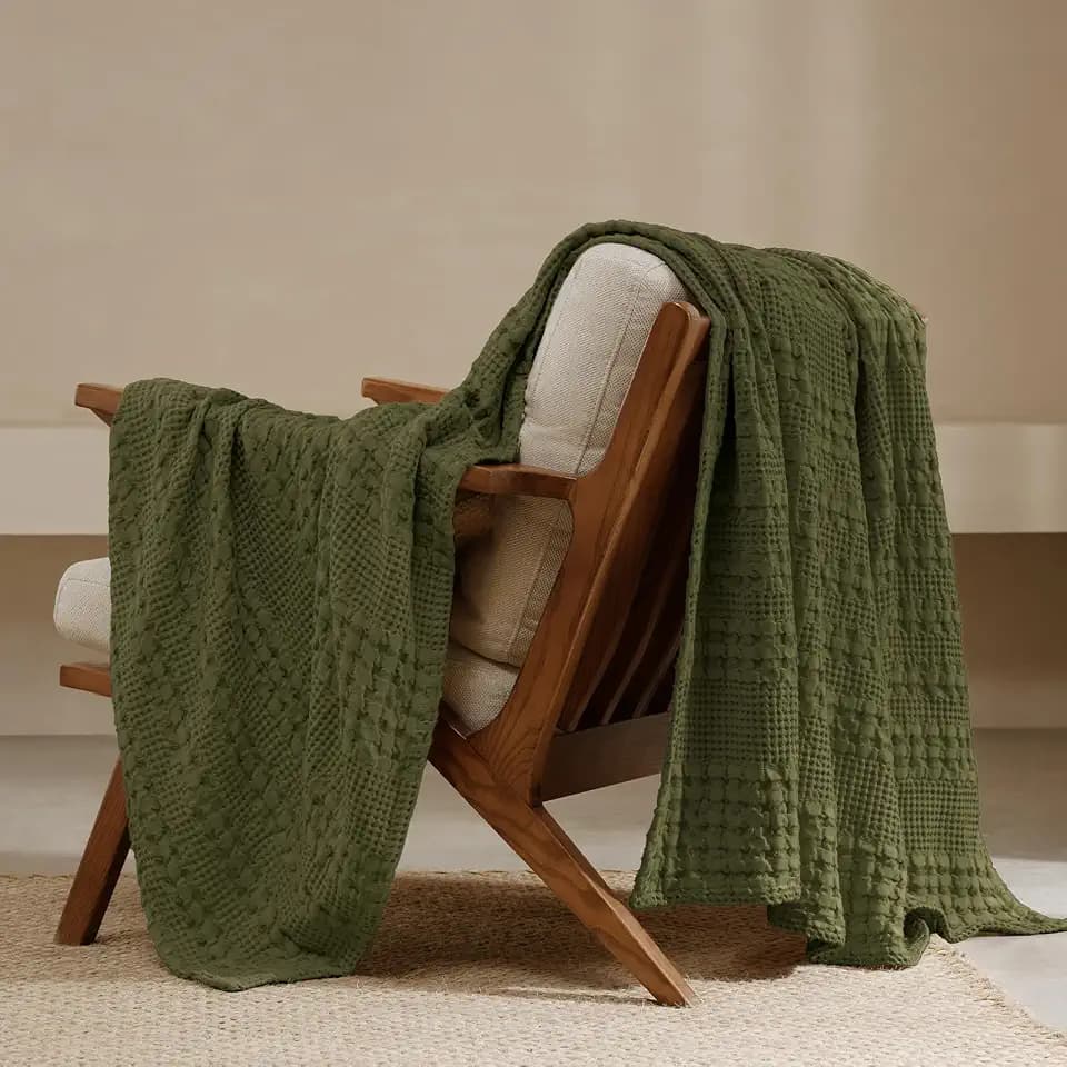 PHF Lightweight 100% Cotton Waffle Throw Blanket for Couch, Capulet Olive