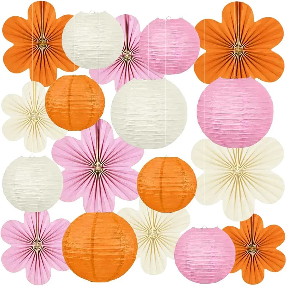 Paper Flowers Hanging Decorations - 18Pcs Hot Pink and Orange Paper Lanterns & Flower Fans Set for Classroom Decor, Office, Baby Shower, Birthday, Wedding & Mothers Day Wall Decor